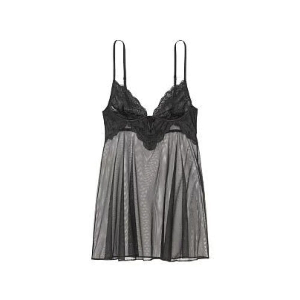 New! Victoria’s Secret Black Embroidered Lace Babydoll Slip Dress 41788